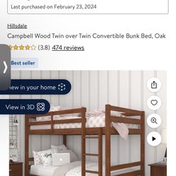 Campbell Wood Twin over Twin Convertible Bunk Bed, Oak