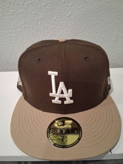 MLB New Era La Dodgers 59fifty Walnut color with light brown bill with white logo and baby blue underneath 60th year Patch Fitted Hat 7 3/8 $40