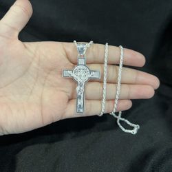 925 Sterling Silver Mens Big St Benedict San Benito Cross & Rope Chain