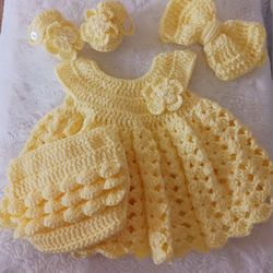 Crochet Baby Girl Yellow Heirloom Dress Set Photo Prop 