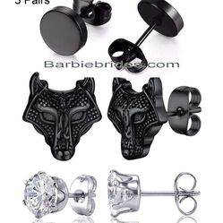 1Pair Norse Viking Wolf Head Studs 1Pair Black Flat Studs 1Pair Silver CZ Studs Men Women Earrings