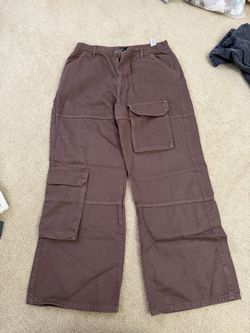 PrettyLittleThing Brown Cargo Pocket Wide Leg Jeans – Size 10