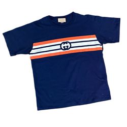 🟢 AUTHENTIC Gucci Navy Stripe Tee — Retro GG Logo
