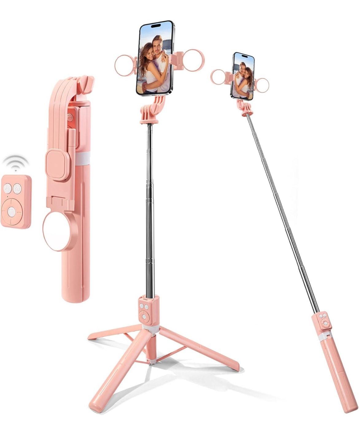 3-in-1 Selfie Stick Tripod with Fill Light, 43'' Extendable Travel Phone Stand with Wireless Remote & Portable Holder Compatible with iPhone 16 Pro Ma
