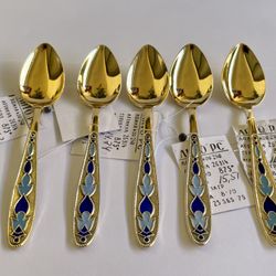 Set Of 5 Vintage Sterling Silver Gilt Enamel Spoon Russian (Russia ) New With Tag . ( #137)