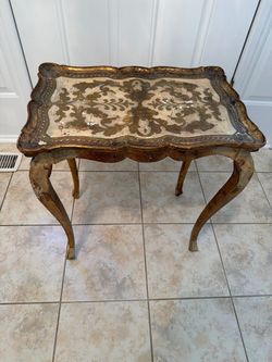 Vintage Italian Accent Side Table / Tray Table - Gold & Distressed White