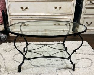 Vintage Iron Metal Iron Oval Glass Coffee Table
