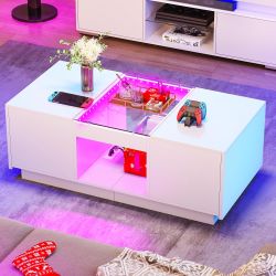 LED Coffee Table for Living Room, Modern Coffee Table with Storage with LED Lights, 2 Tiers and 2 Drawers, 