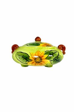 Vintage Folklore Style Hand Painted Glossy Sunflower Ceramic Footed Serving Bowl with Lid.
