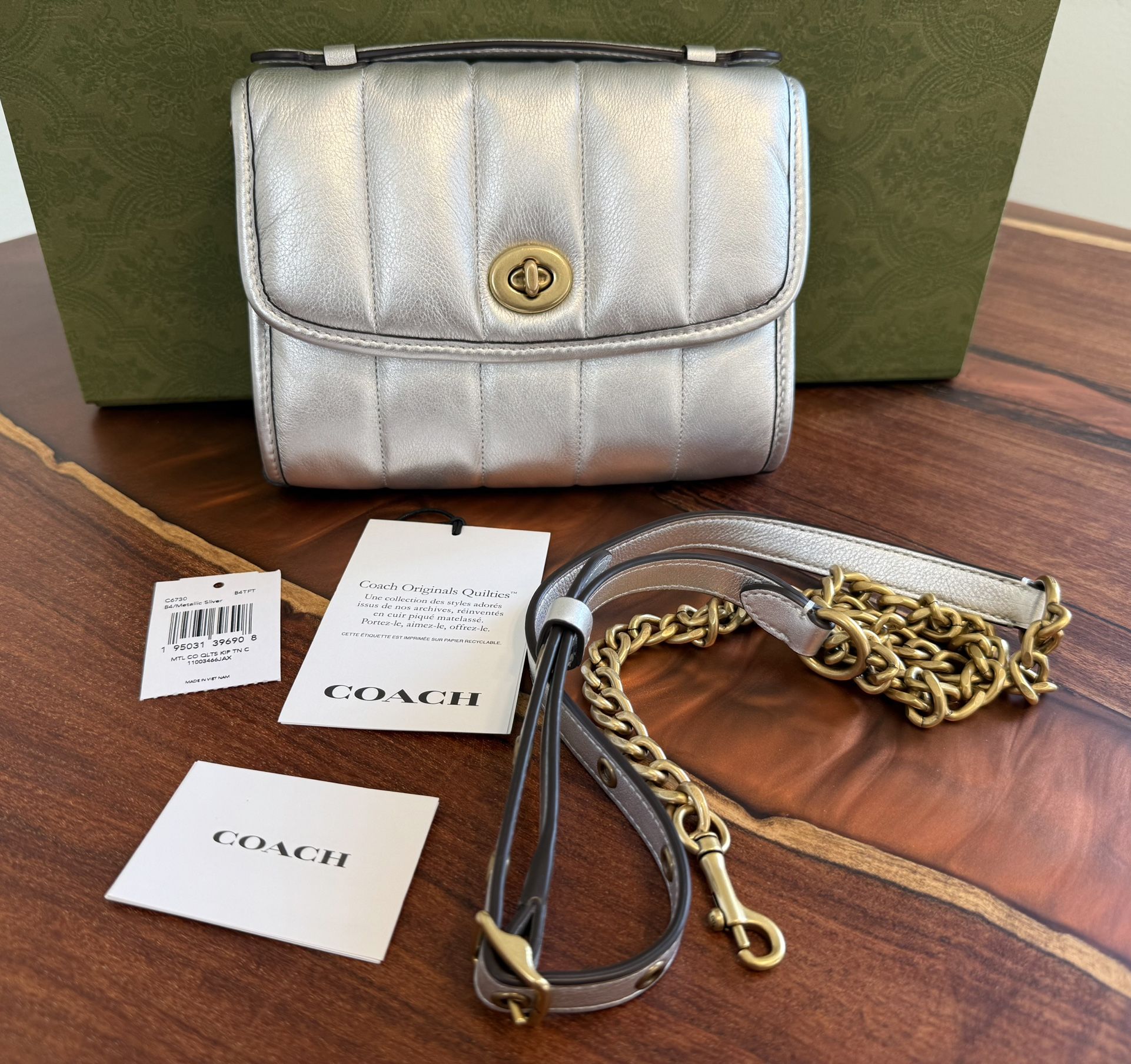 Nwt Metallic Silver Bag Coach Kip Turnlock Crossbody with Quilting