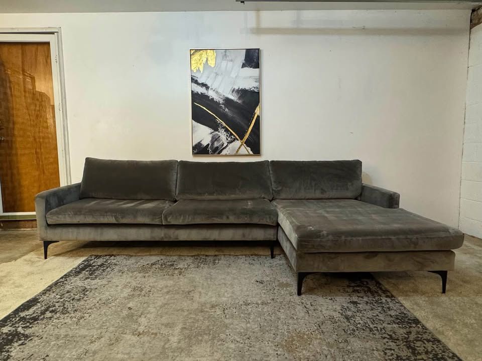 Gray Velvet 3-Seater Sectional Sofa
