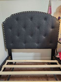Dark Gray Tufted Upholstered Headboard with Nailhead Trim