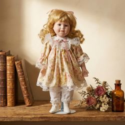 Vintage Porcelain Doll with Lace Floral Dress