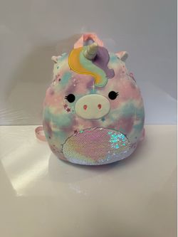 Unique Squishmallows Pink and Blue Unicorn Backpack with flip sequin