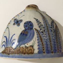 Mexican Art Pottery Vase Blue Bird Flowers El Palomar  Signed 