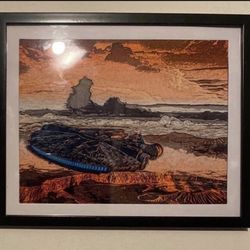 the millennium falcon flying over a desert custom art in black frame