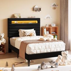 C312 $75 Twin Bed Frame with LED Light & 2-Tier Storage Shelf, Black Velvet Upholstered Adjustable Headboard with Charing Station, Horizontal Channe
