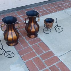 Two 16" Copper vases Two Trycyle Plants  Pot