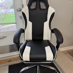 Brand New Black/White Tall Back Height Adjustable Reclining Gaming Chair w/Slide Out Footrest