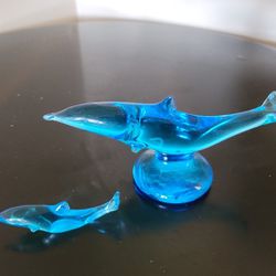 Vintage Signed Ron Ray 1992 Blue Glass Dolphin Figurine/ Paperweight With Signed 1992 Ron Ray Baby Dolphin Blue Art Glass 