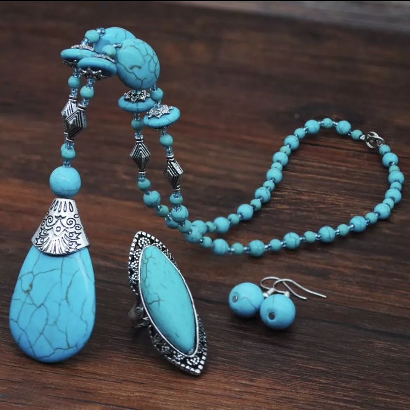 New Turquoise Bracelet Jewelry Set Vintage Silver Plated Necklace Bracelet Earring Ring Jewelry Sets Women   Message me if you are interested in a bun