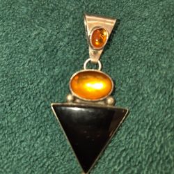 Signed J. Linkin Sterling, Amber And Onyx Pendant