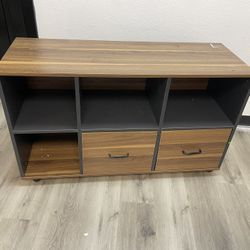 File Cabinet with Two Drawers, Wooden Rolling Lateral File Cabinet with Open Storage Shelves