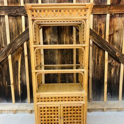 Vintage Boho Chic Bamboo & Rattan Etagere With 3 Glass Shelves & A Cabinet Base 32in Wide x 74in Tall x 18in Deep