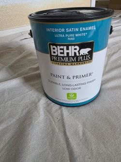 Behr satin indoor paint (color: solemn soltice, white) & primer