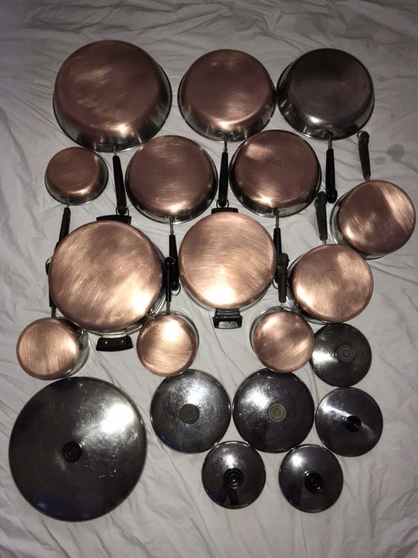 20 Piece Set of Vintage 1801 REVERE WARE COPPER CLAD BOTTOM POTS AND PANS