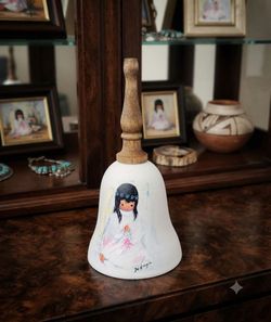 Vintage DeGrazia Angel Wooden Handle Ceramic Bell 5” Signed Art