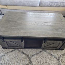 Coffee Table w/ Sliding Barn Doors And Black Iron Fixtures 