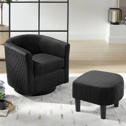 New 360° Swivel Barrel Accent Chair with Ottoman, Black Round Club Arm Chair