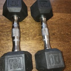 Exc Cond Pair of 10 LB Rubber Hex TSA Dumbbells 