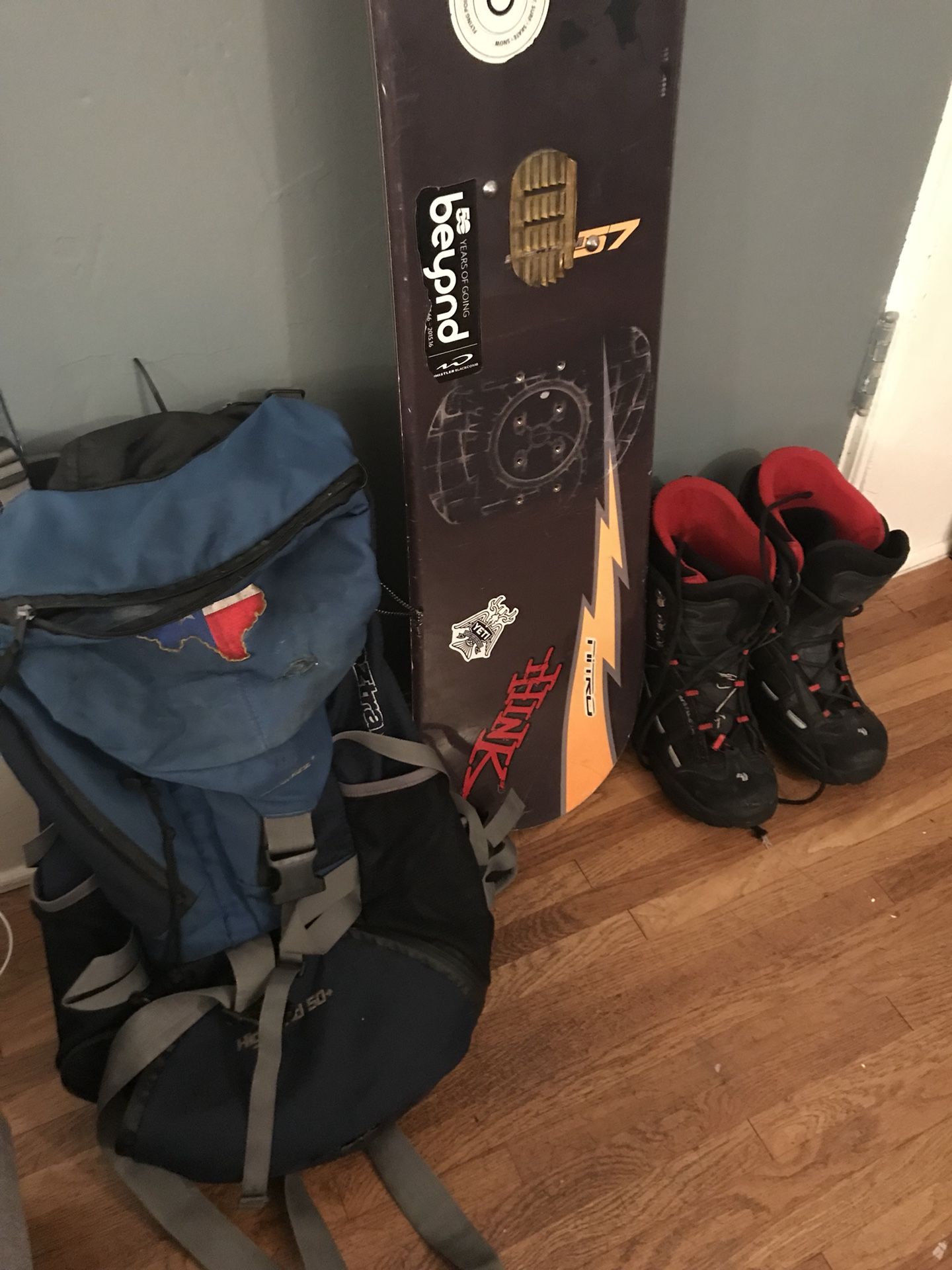 Adventure Gear $25 each, snowboard, boots, backpack