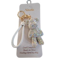 Natasha Couture White Braided Strap Crystal Teddy Bag Charm