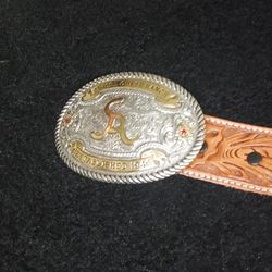 Alisal GUEST RANCH 10K GOLD STERLING SILVER AND RUBY BELT BUCKLE FROM GIST SILVER SMITHS WIT A 36 INCH Vogt World Famous Belt Carver Hand Carve Mint D