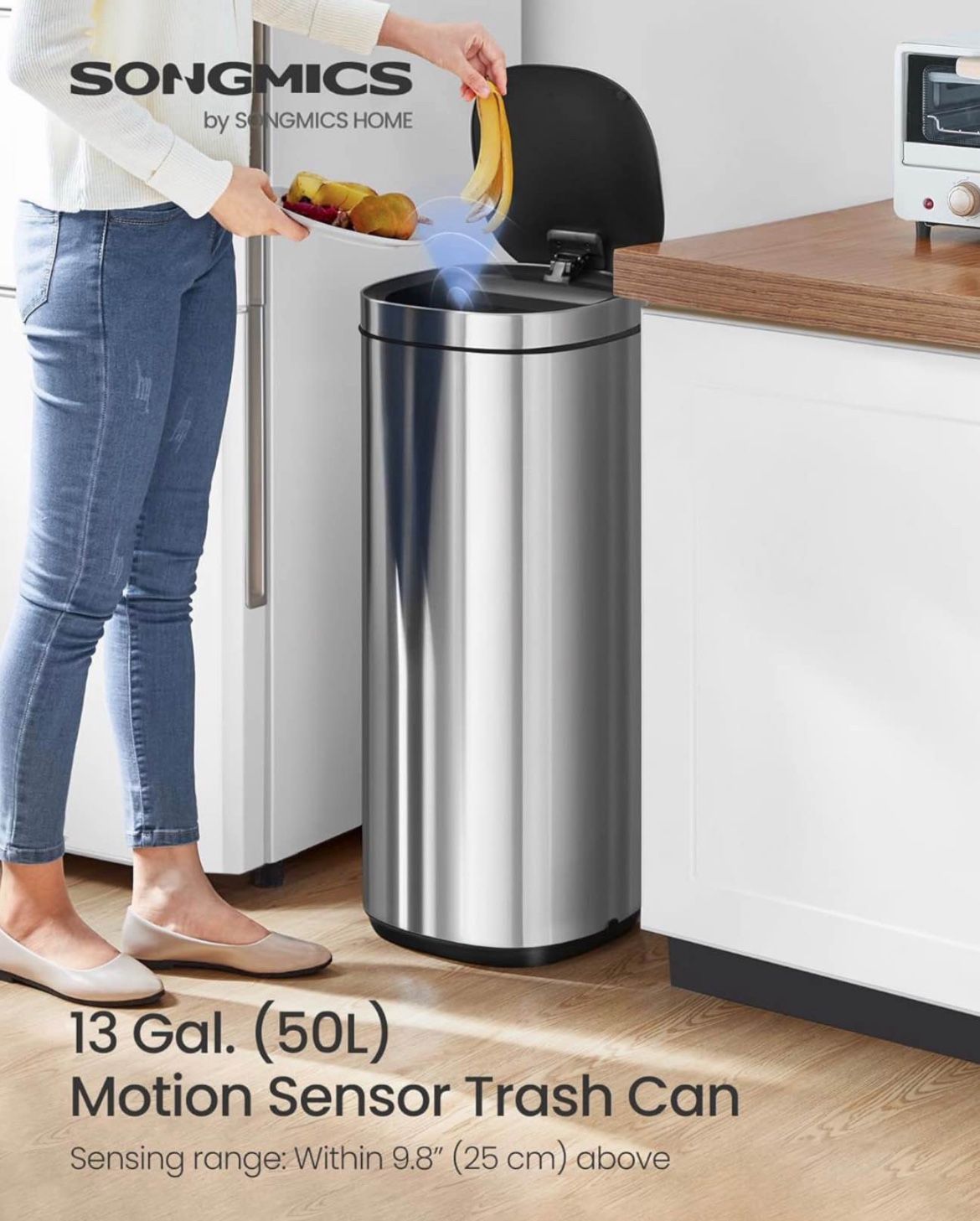 Kitchen Trash Can, 13-Gallon (50 L) Motion Sensor Garbage Can, Stainless Steel Trash Bin, Ozone Odor Control, Stay-Open, Metallic Silver U