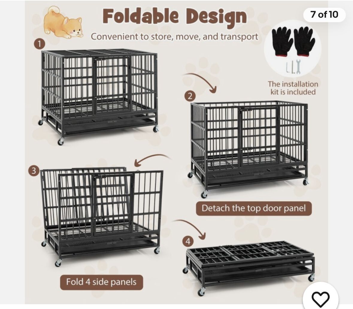 38"Outdoor Dog Crate Kennel Foldable Heavy-Duty Metal Dog Cage w/Rolling Casters