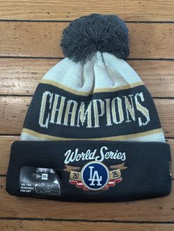 Los Angeles Dodgers New Era 2025 World Series Champions Locker Room Cuffed Knit Hat with Pom - Cream/Charcoal