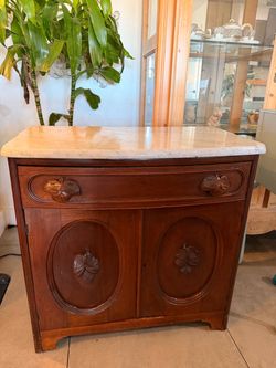 Antique Marble Top Carved Wood Cabinet