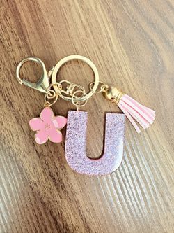 Pink Glitter Keychain Letter U