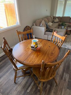 Vintage Wood Pedestal Dining Table + Matching Chairs & Extension Leaf