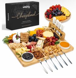 Beautiful SMIRLY Premium Bamboo Cheese Board & Charcuterie Serving Set, perfect for entertaining, parties, holidays, housewarmings, or gifting!