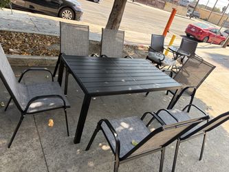 7 Piece Patio Table and Chairs Set , Rectangular Table with 6 Chairs,Grey