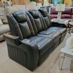 Black Power Reclining Sofa with LED and USB Charging Port