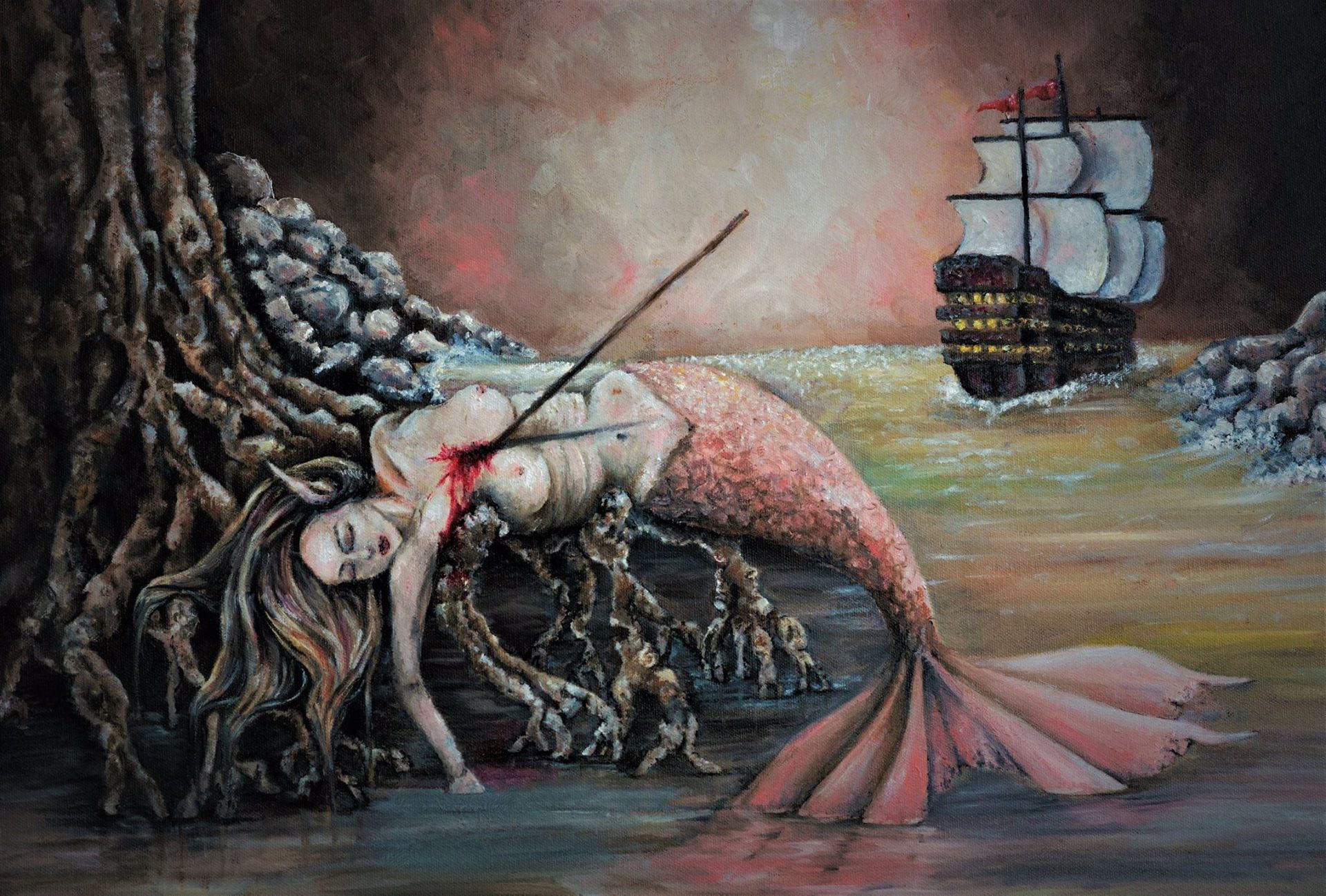 Original Mermaid Oil Painting 18 x 24 With Custom Wood Frame