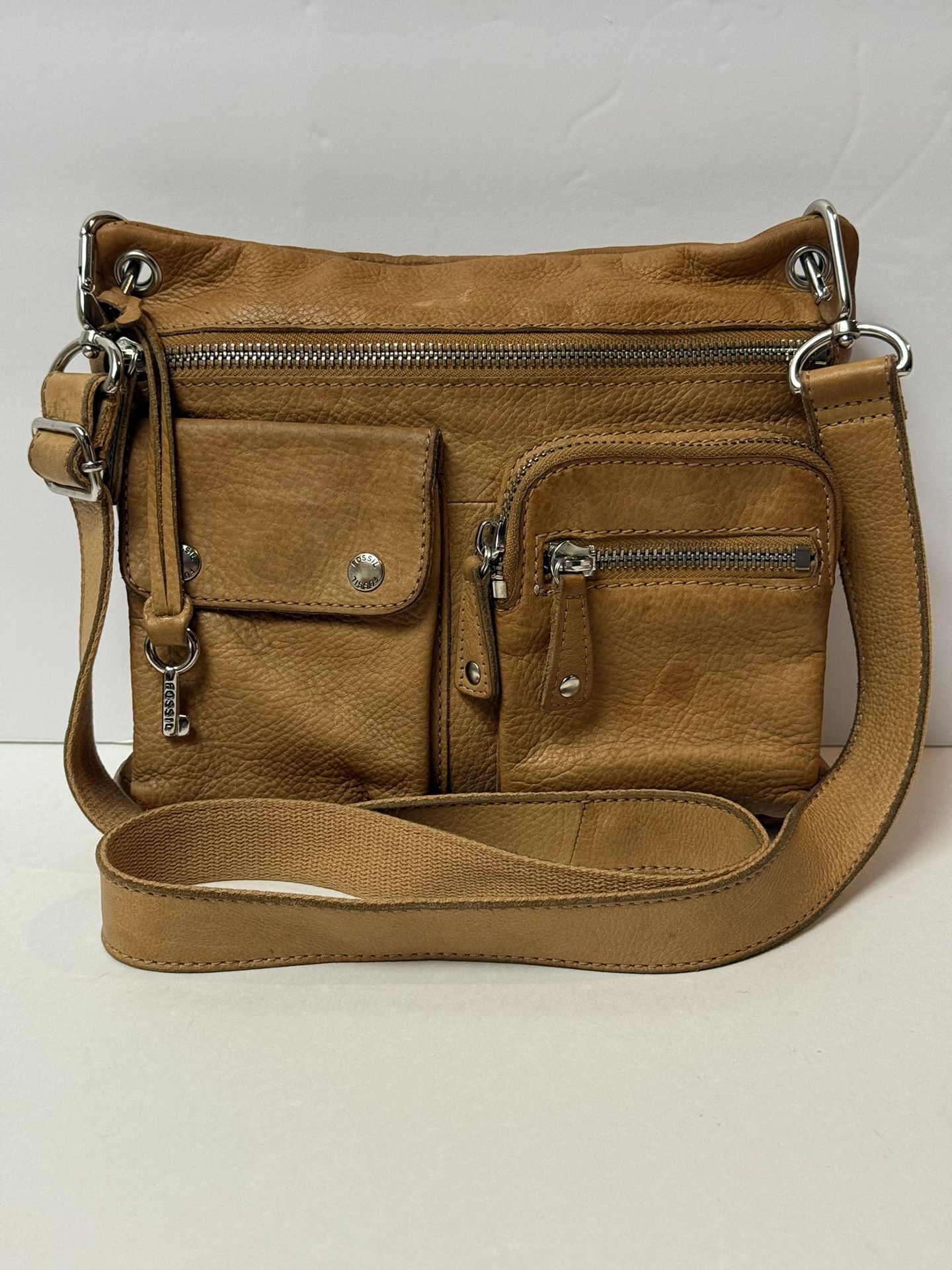 Vintage FOSSIL Tan Pebbled Leather Satchel Shoulder Bag Crossbody