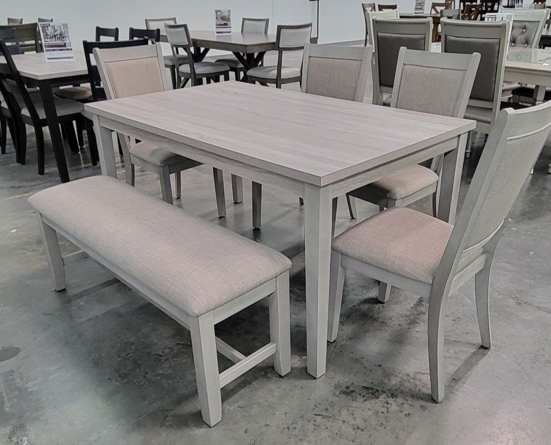✅️6 pc ligght grey finish wood dining table set padded seat chairs and bench.