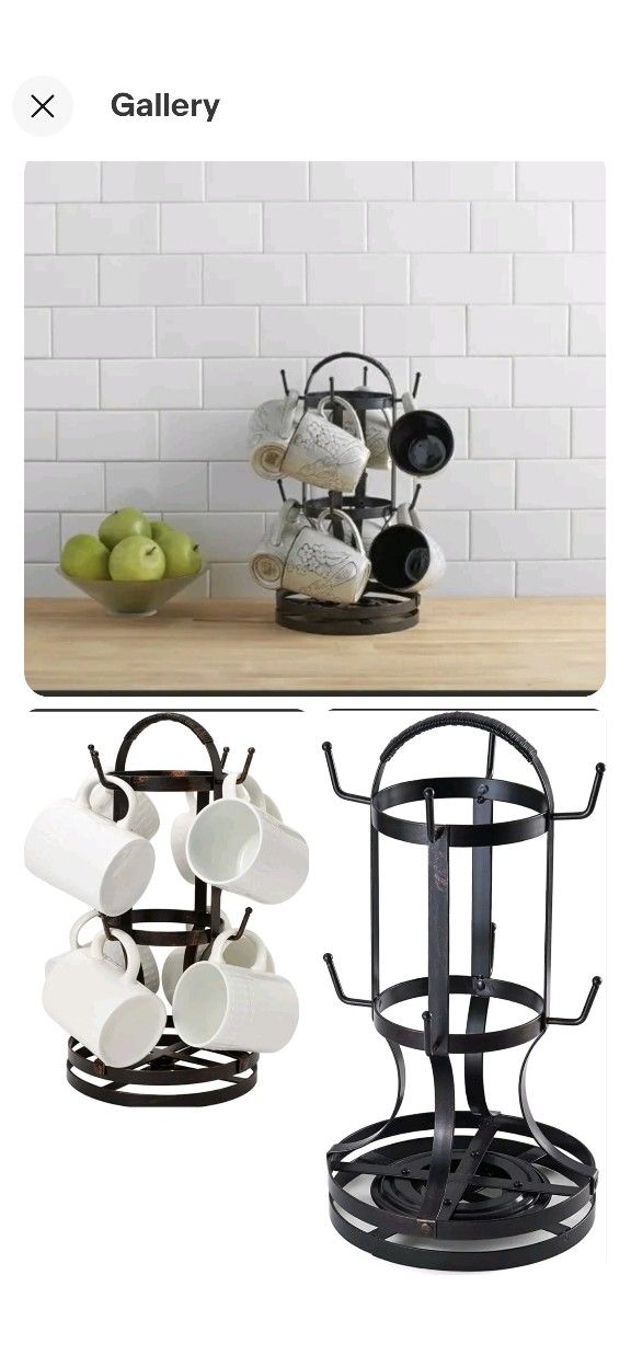 Mikasa 8 Cup Mug Tree Antique Holder Rotating Design Metal Rack Storage Stand Black